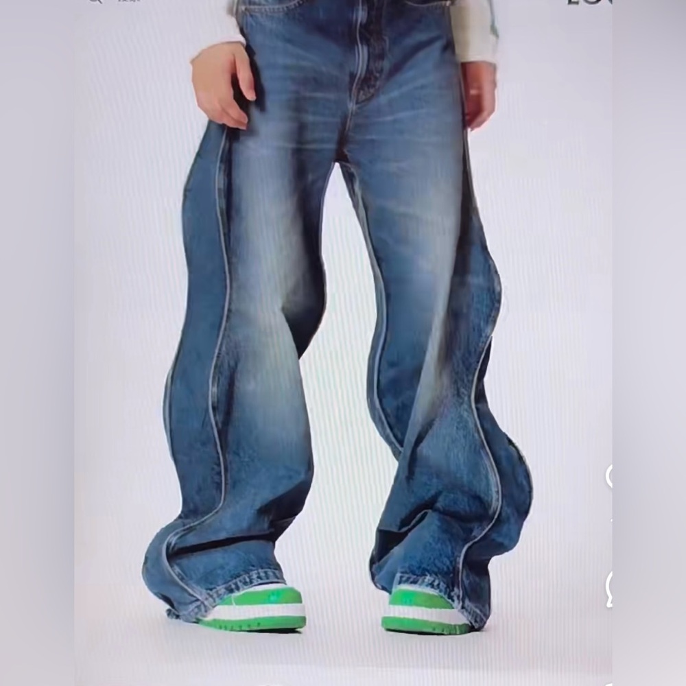 Men Trendy Wide Leg‎ Wave Design Jeans Influencer & Celebrity Inspired High Rise